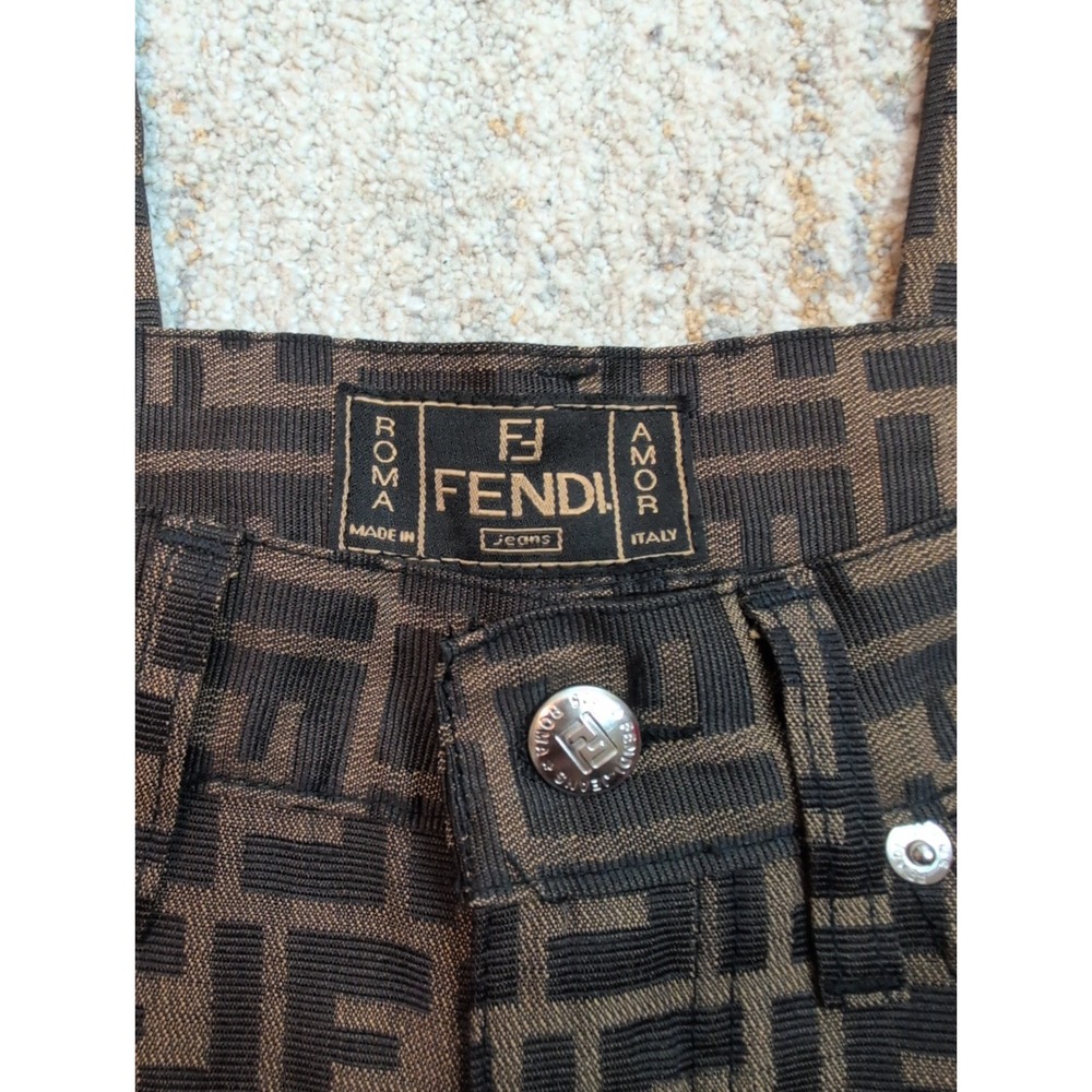 Fendi Women's Pants Logo Brown Luxury All Over Print Italy Tapered Size 26 - Picture 3 of 14